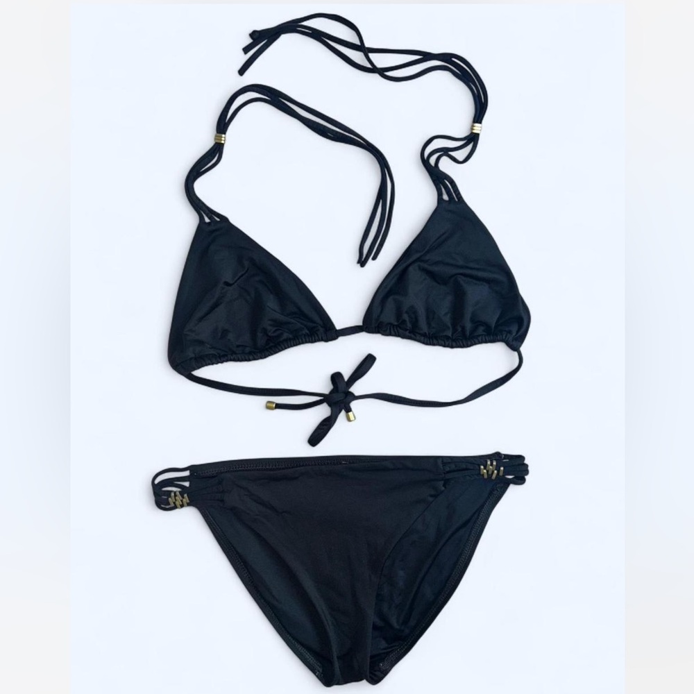 Vitamin A Black Triangle Bikini Set With Gold Hardware Details